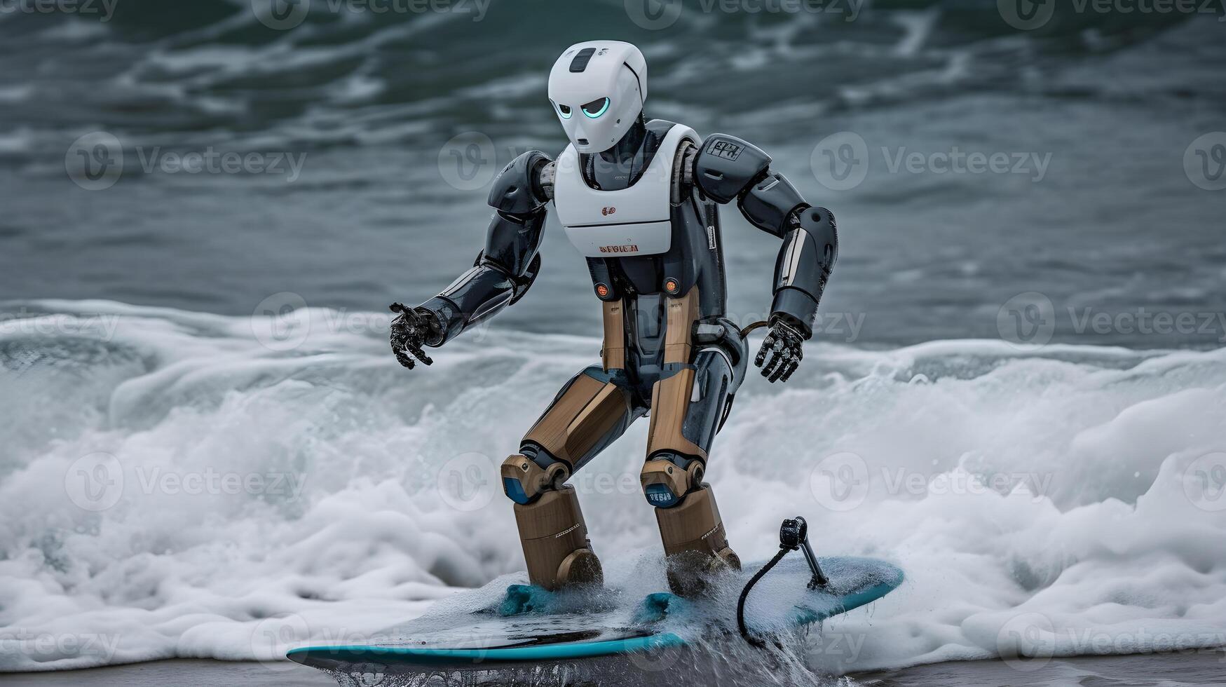 humanoid robot is surfing in the sea , photo