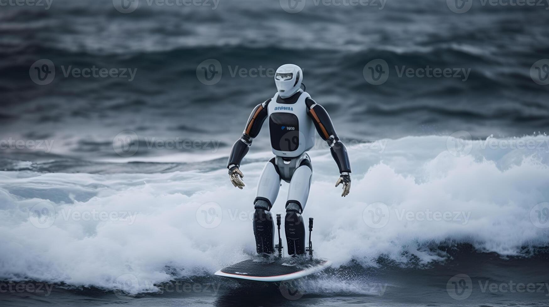 humanoid robot is surfing in the sea , photo