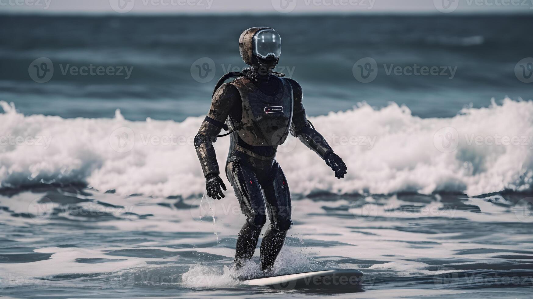 humanoid robot is surfing in the sea , photo