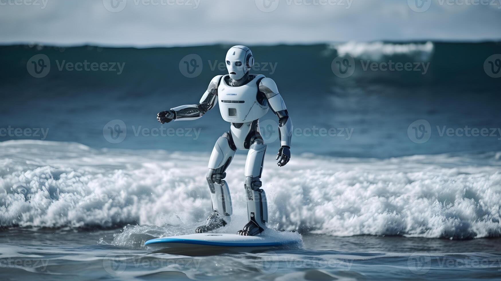 humanoid robot is surfing in the sea , photo