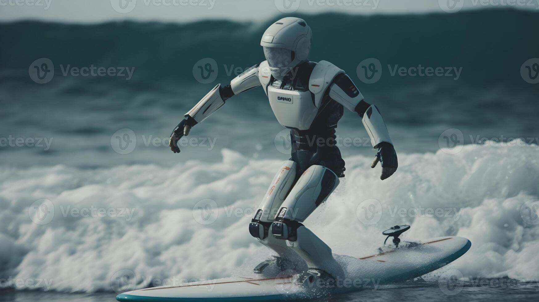 humanoid robot is surfing in the sea , photo