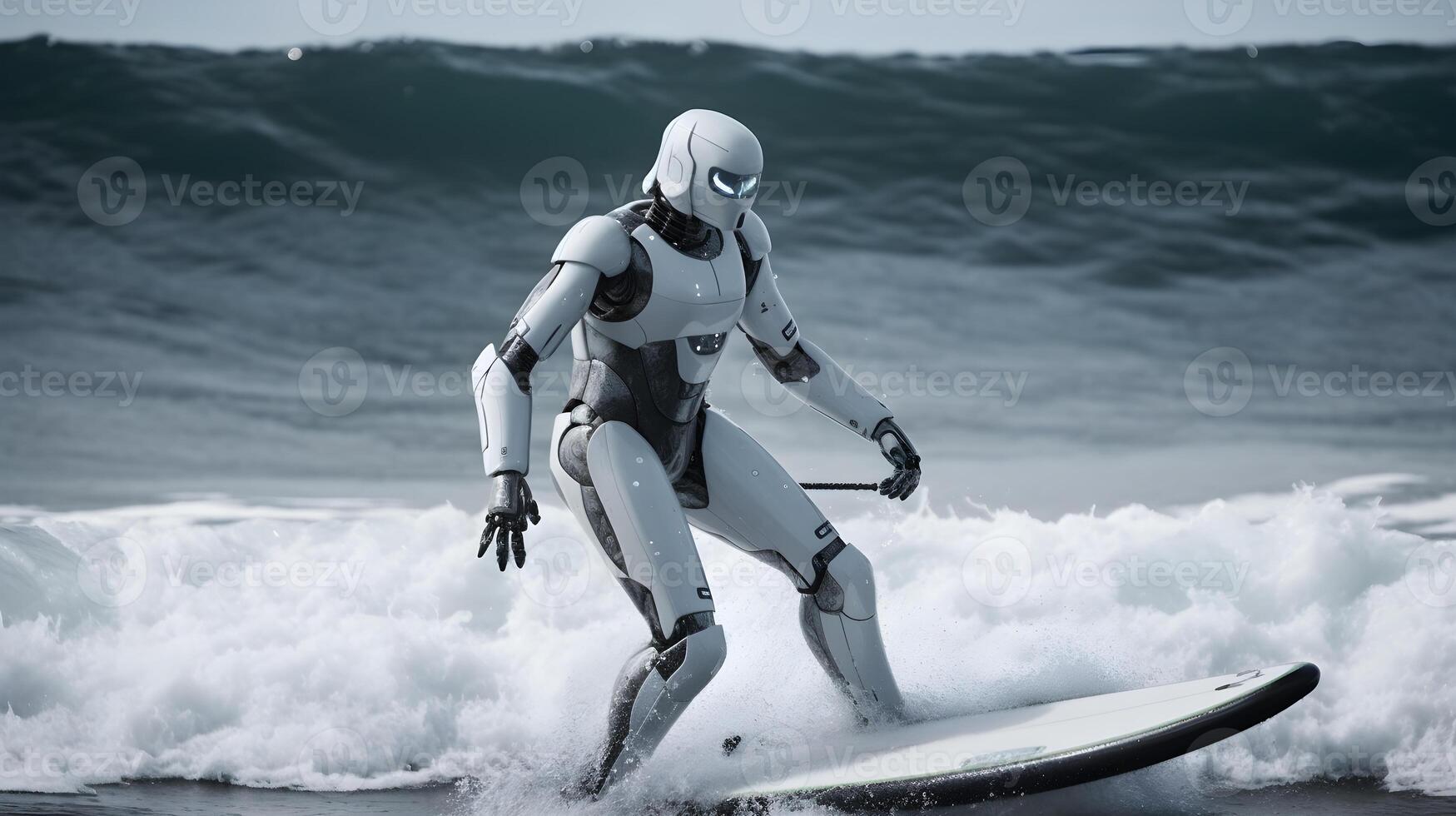 humanoid robot is surfing in the sea , photo