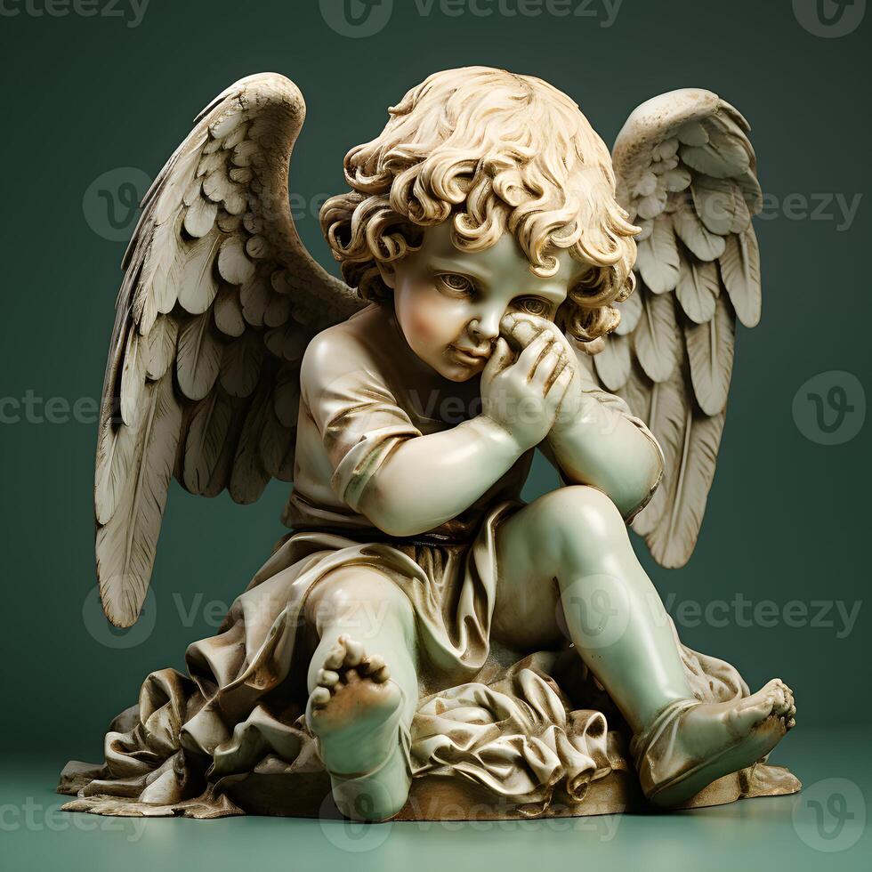 baby angel statue with shy pose, generative ai photo