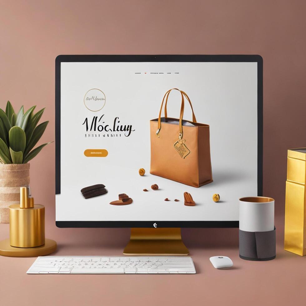 shopping bag screen on font of office desk, successful startup concept, photo
