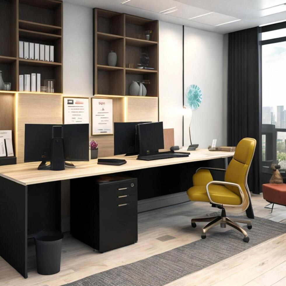 Minimal interior modern office space room with beige cozy tone style, decorate with armchair, desk, and row of computers, empty wall for mock up and banner, with photo