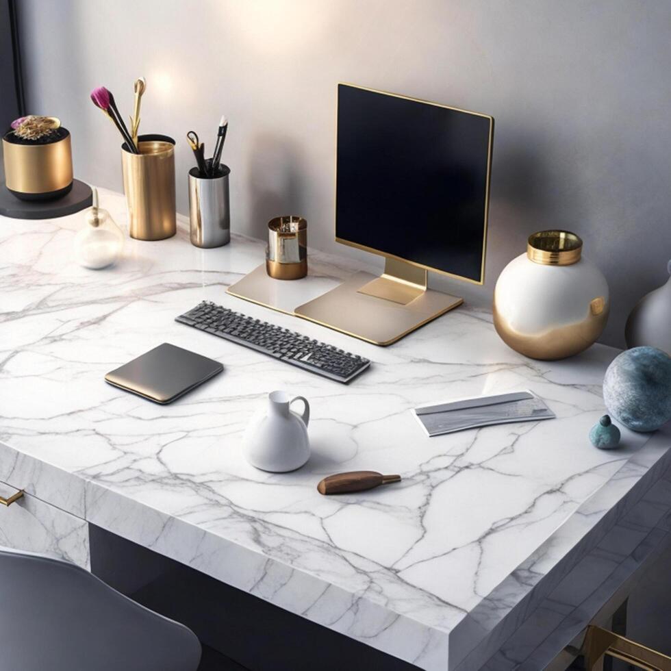 Mock up of modern laptop, smartphone, mac, pc, tablet on the table photo