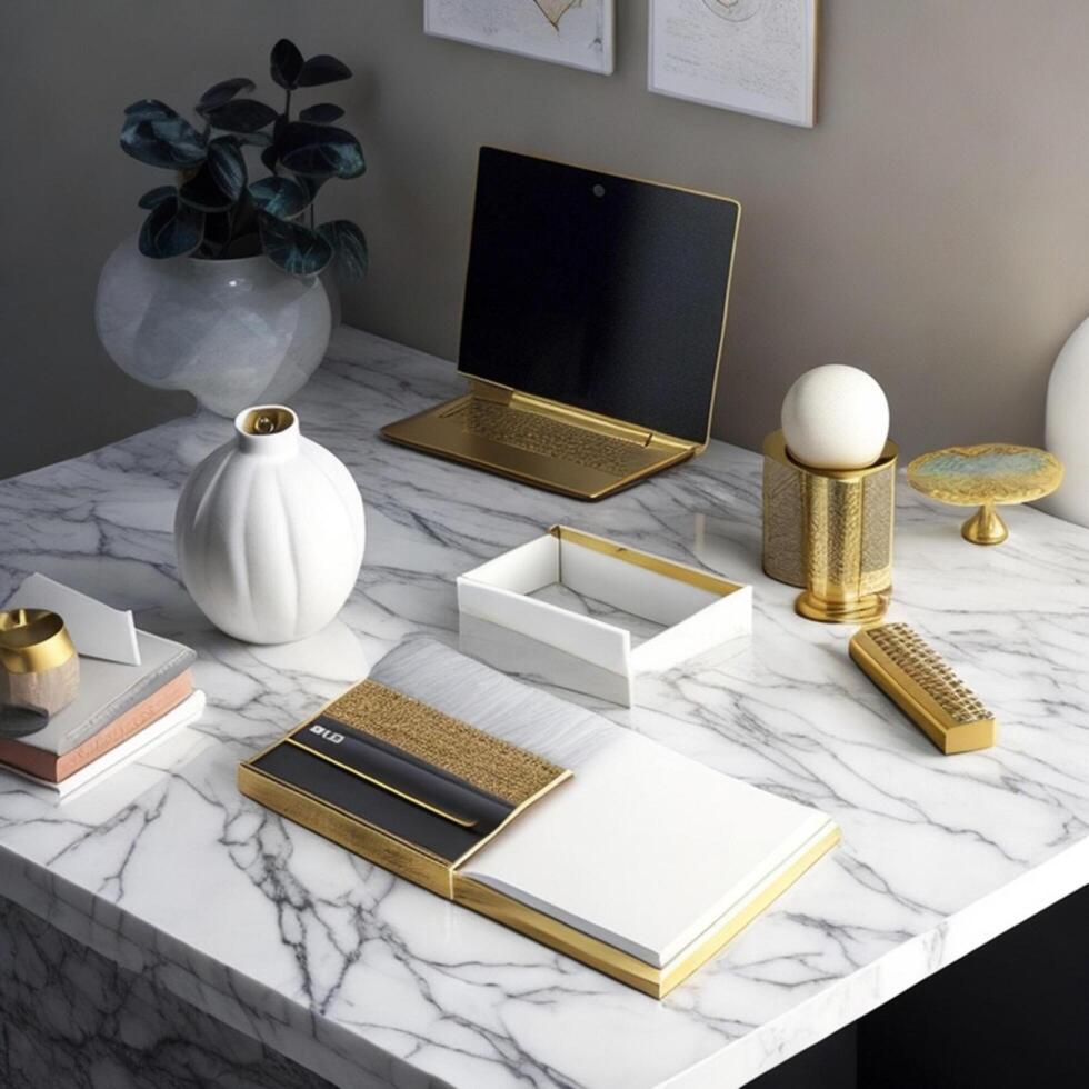 Mock up of modern laptop, smartphone, mac, pc, tablet on the table photo