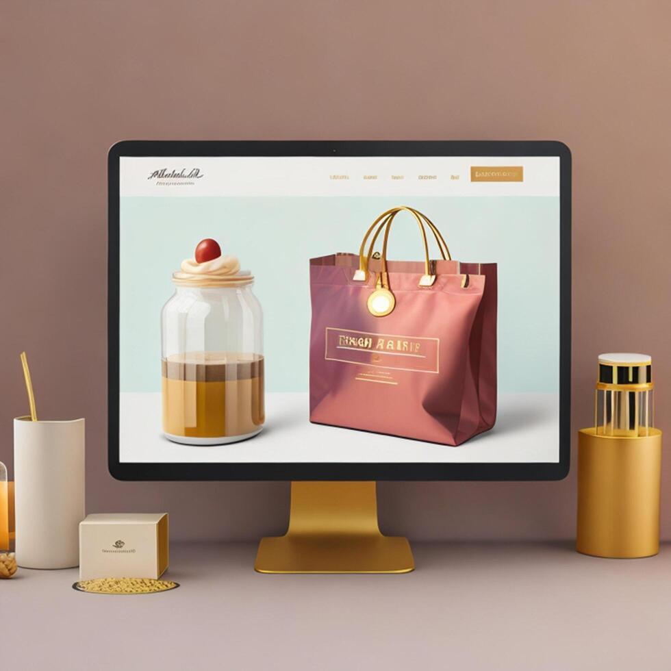 shopping bag screen on font of office desk, successful startup concept, photo