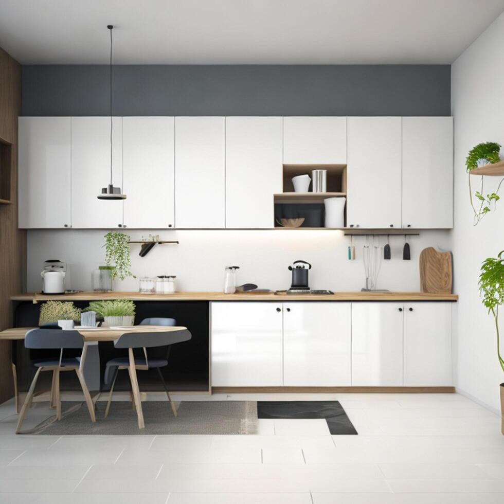 Minimal interior modern office space room with beige cozy tone style, decorate with armchair, desk, and row of computers, empty wall for mock up and banner, with photo