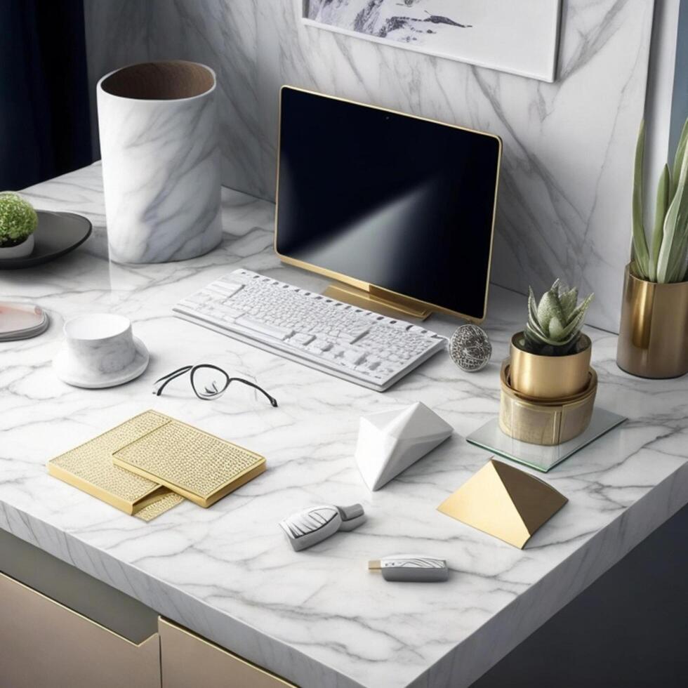 Mock up of modern laptop, smartphone, mac, pc, tablet on the table photo