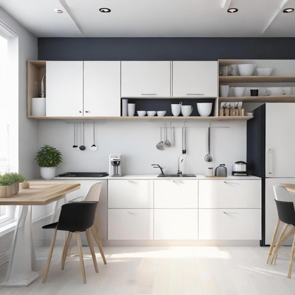 Minimal interior design kitchen room with beige cozy tone style, decorate with wooden counter. chairs and brown tone background, empty wall for mock up and banner, with free photo