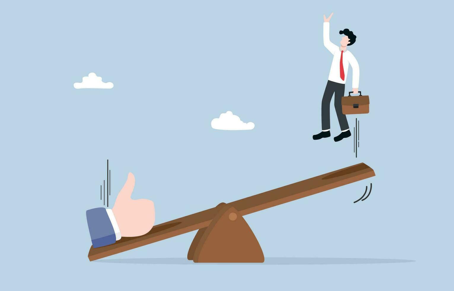 Encourage advancement of employee, feedback to support career growth, motivation in working concept, Thumbs up sign falling on seesaw to help businessman jump to sky. vector