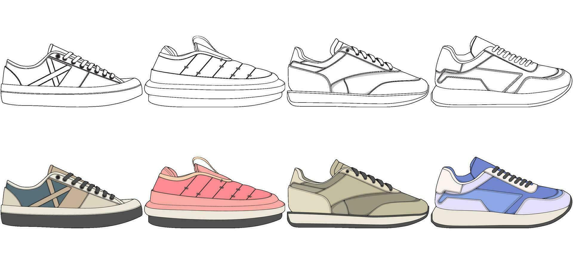 conjunto de Zapatos zapatilla de deporte dibujo vector, zapatillas dibujado en un bosquejo estilo, empaquetar zapatillas entrenadores plantilla, vector ilustración.