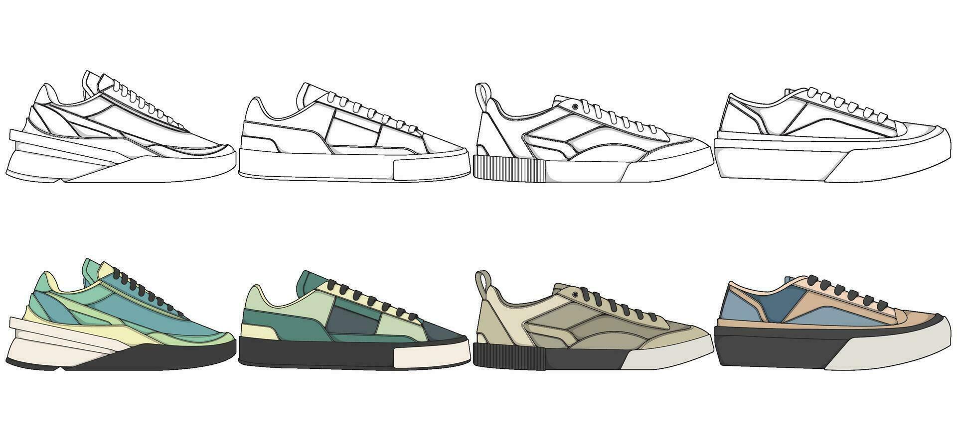 conjunto de Zapatos zapatilla de deporte dibujo vector, zapatillas dibujado en un bosquejo estilo, empaquetar zapatillas entrenadores plantilla, vector ilustración.