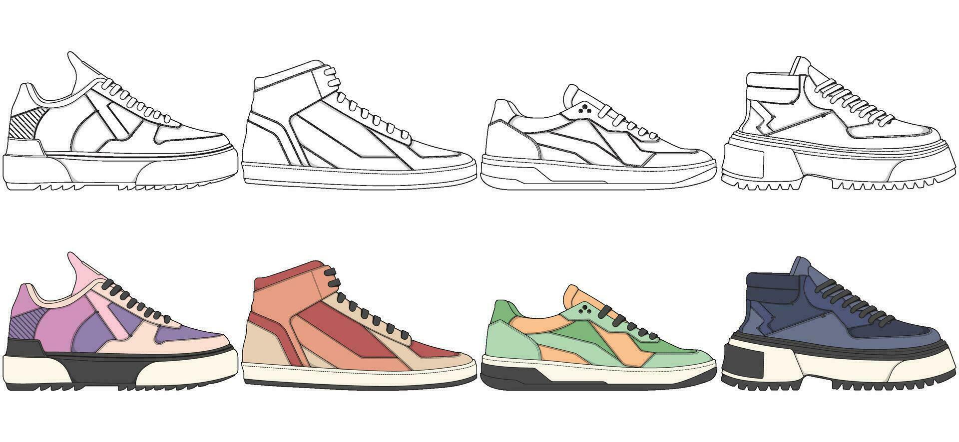 conjunto de Zapatos zapatilla de deporte dibujo vector, zapatillas dibujado en un bosquejo estilo, empaquetar zapatillas entrenadores plantilla, vector ilustración.