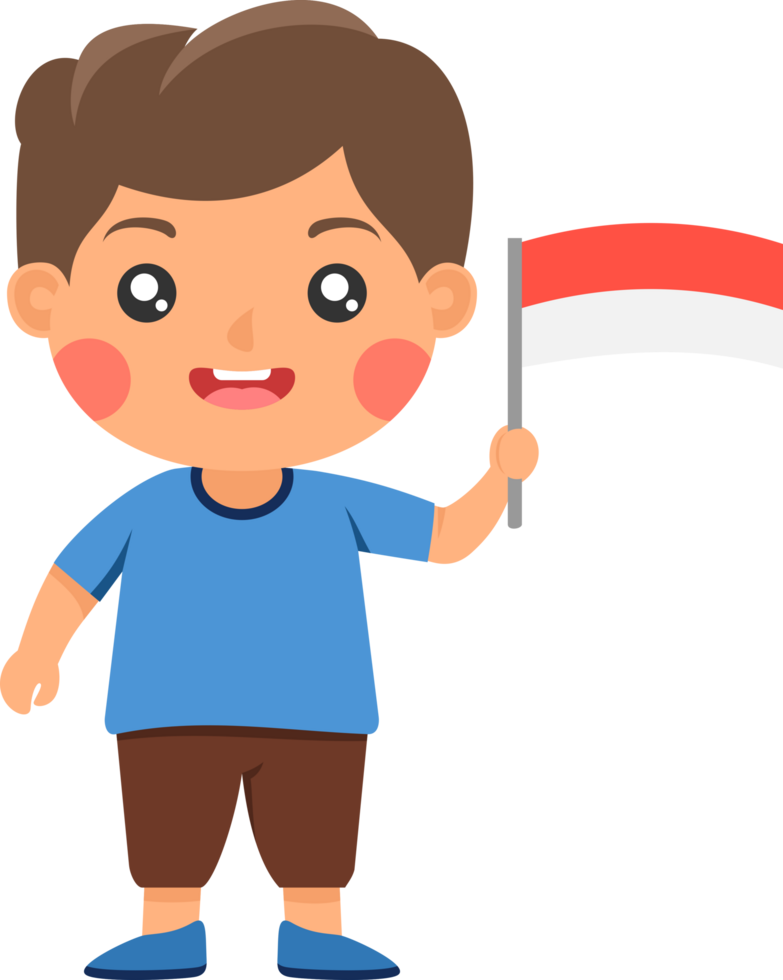 Cute standing boy cartoon holding a red and white Indonesia flag png