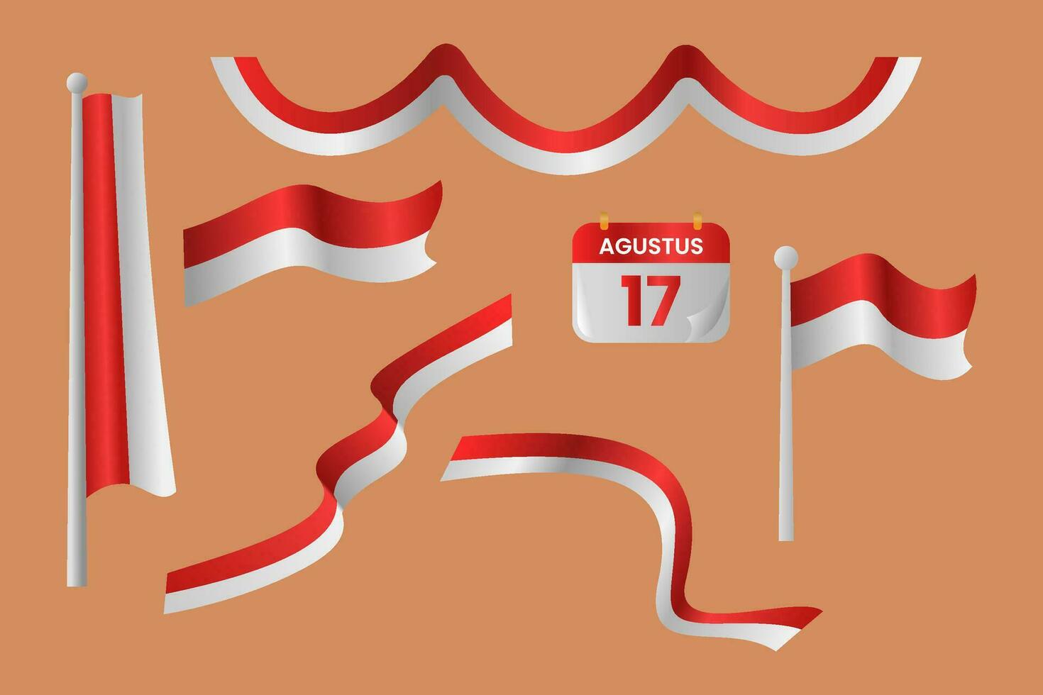 Set of red and white Indonesia flag and ribbons vector