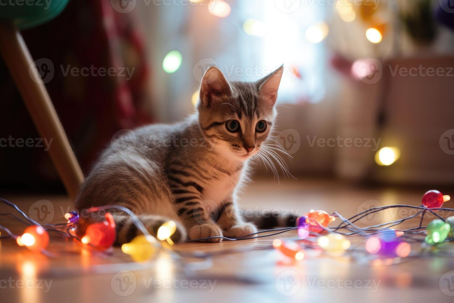 Adorable kitten playing with a string of Christmas lights and a shiny ornament in a bright and colorful living room. photo