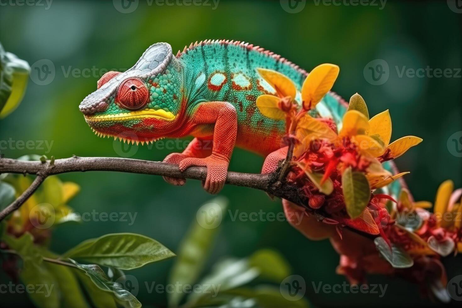 Colorful chameleon clinging to the branch of a tree in a vibrant tropical rainforest with exotic flowers blooming all around. photo