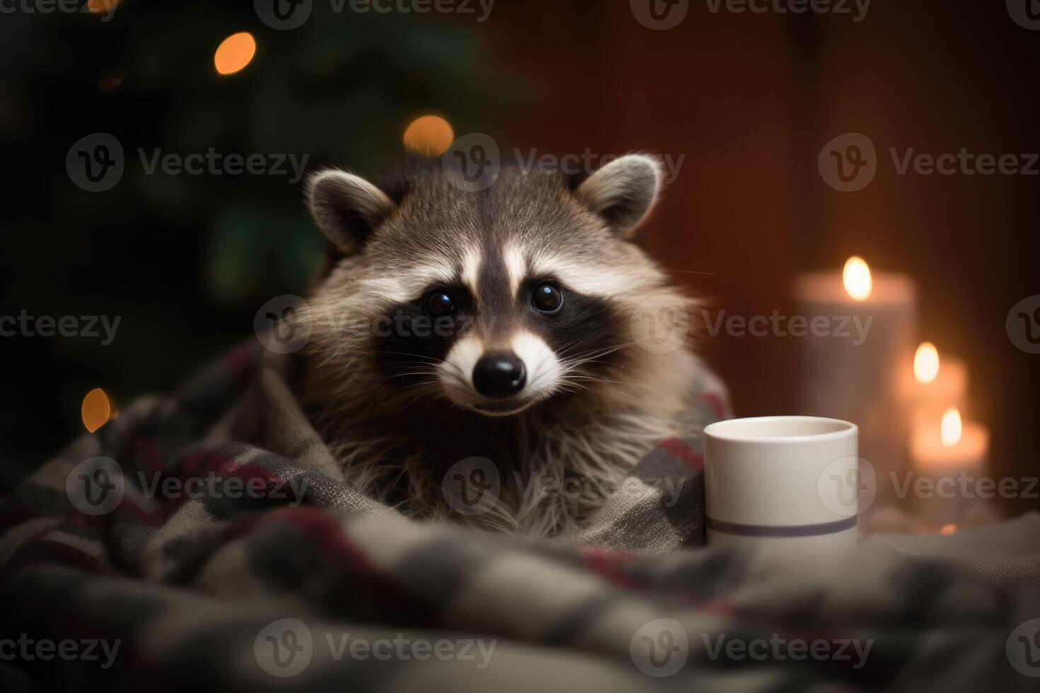 Cozy raccoon snuggled up in a warm woolen blanket and holding a steaming mug of hot cocoa in front of a Christmas tree. photo