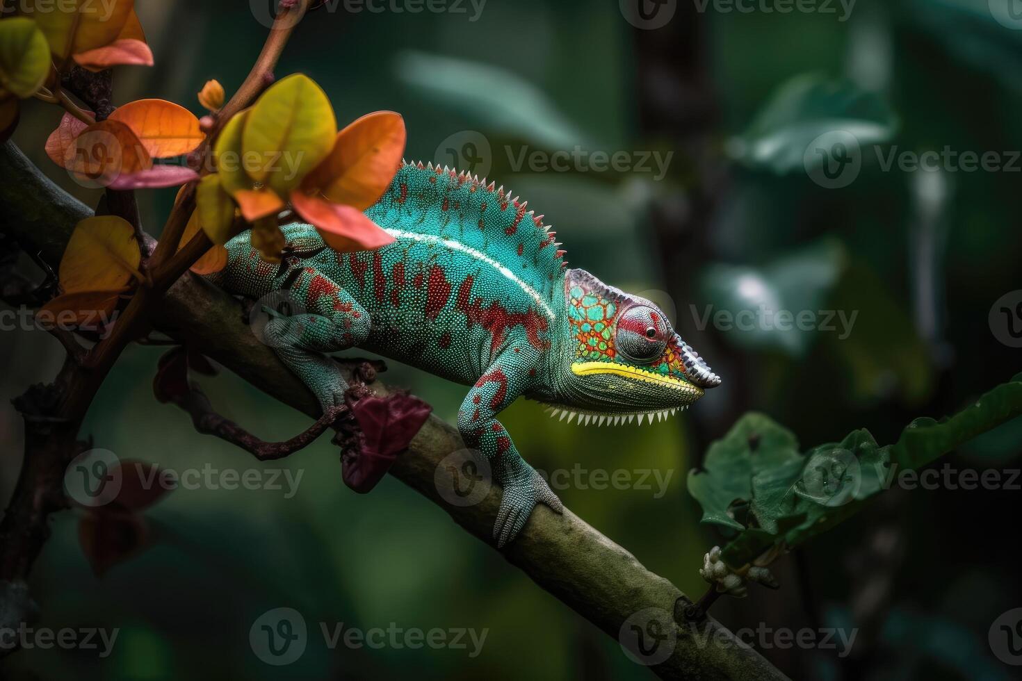 Colorful chameleon clinging to the branch of a tree in a vibrant tropical rainforest with exotic flowers blooming all around. photo
