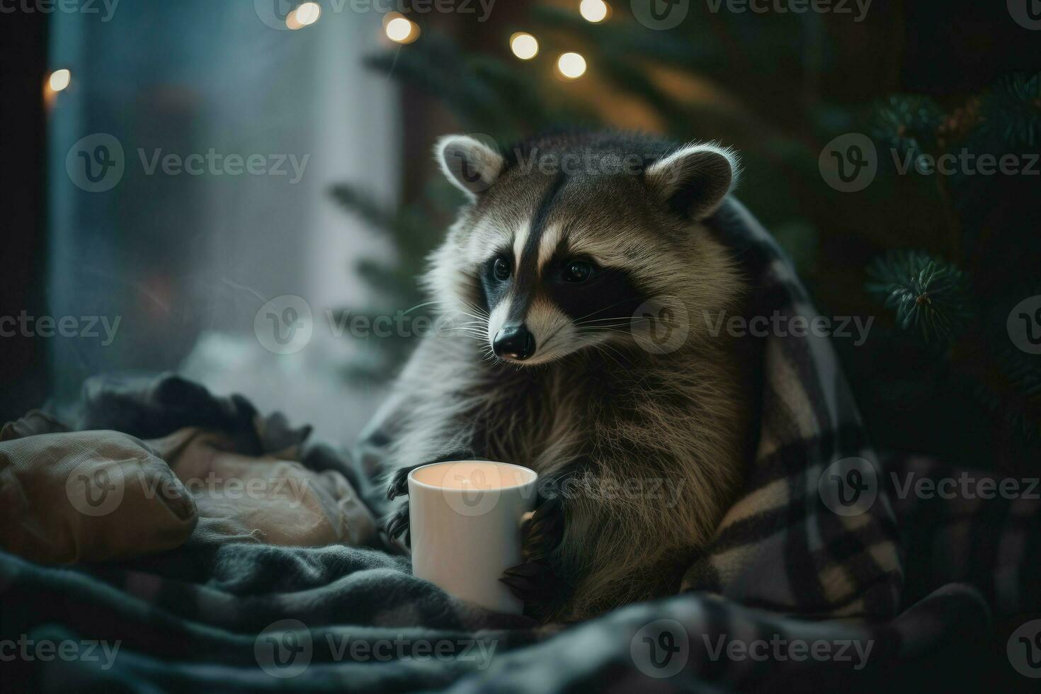 AI Generated Cozy raccoon snuggled up in a warm woolen blanket and holding a steaming mug of hot cocoa in front of a Christmas tree. photo