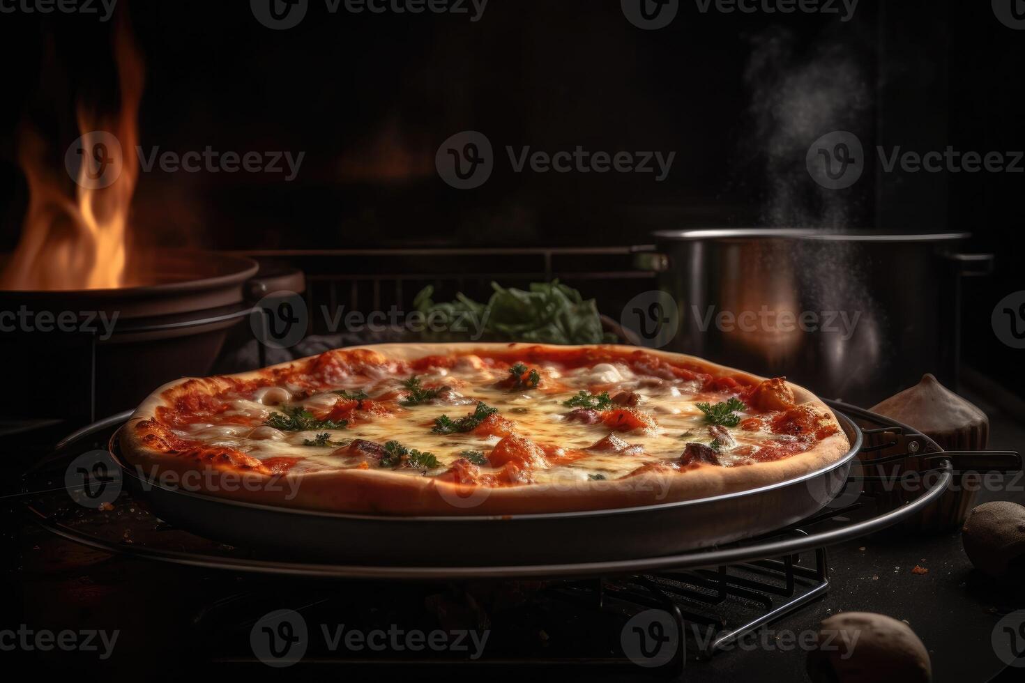 AI Generated Freshly baked pizza steaming on a stone countertop. photo