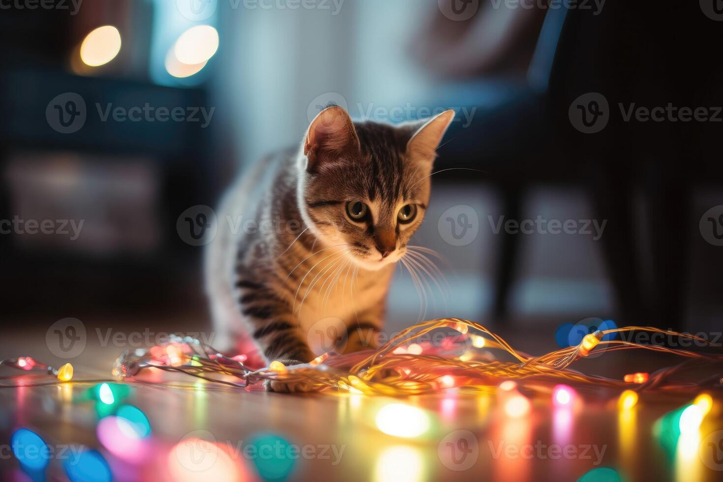 Adorable kitten playing with a string of Christmas lights and a shiny ornament in a bright and colorful living room. photo
