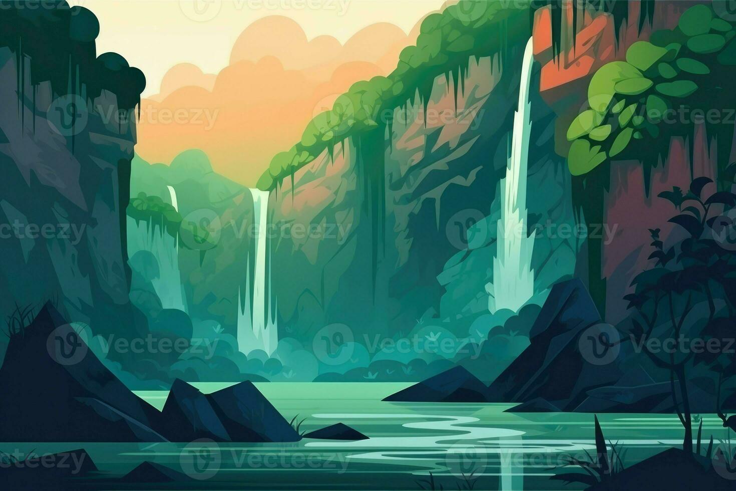 AI Generated Majestic waterfall cascading down a rocky cliff, surrounded by lush vegetation and misty atmosphere, creating a sense of tranquility and natural beauty. photo