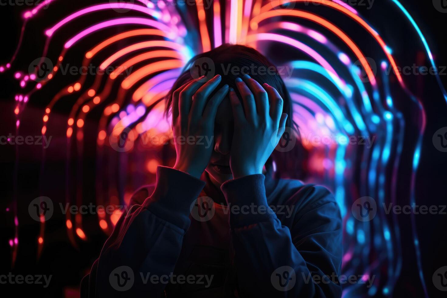 AI Generated Migraine a person holding their head in pain, surrounded