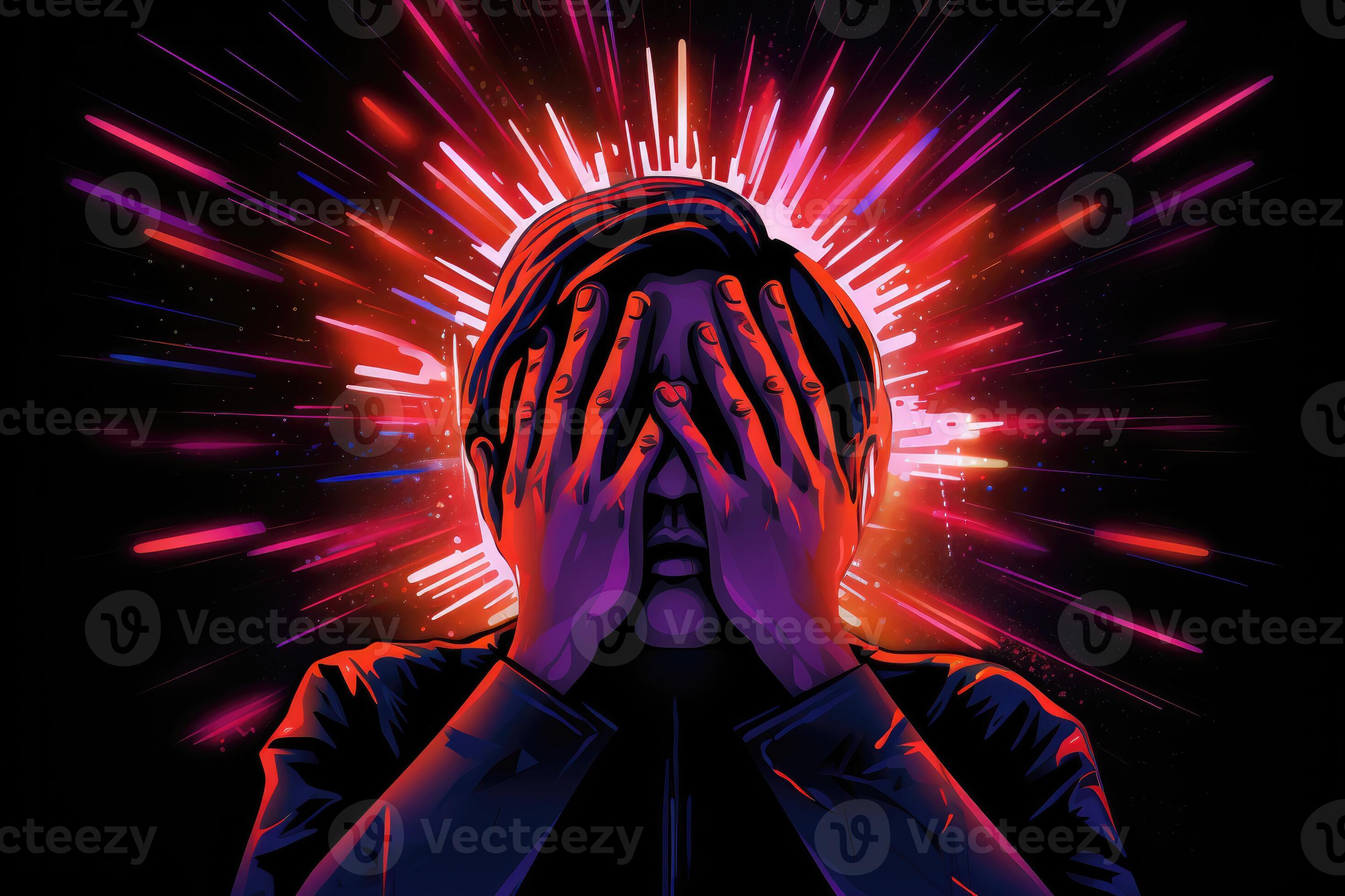 Migraine a person holding their head in pain, surrounded by flashing