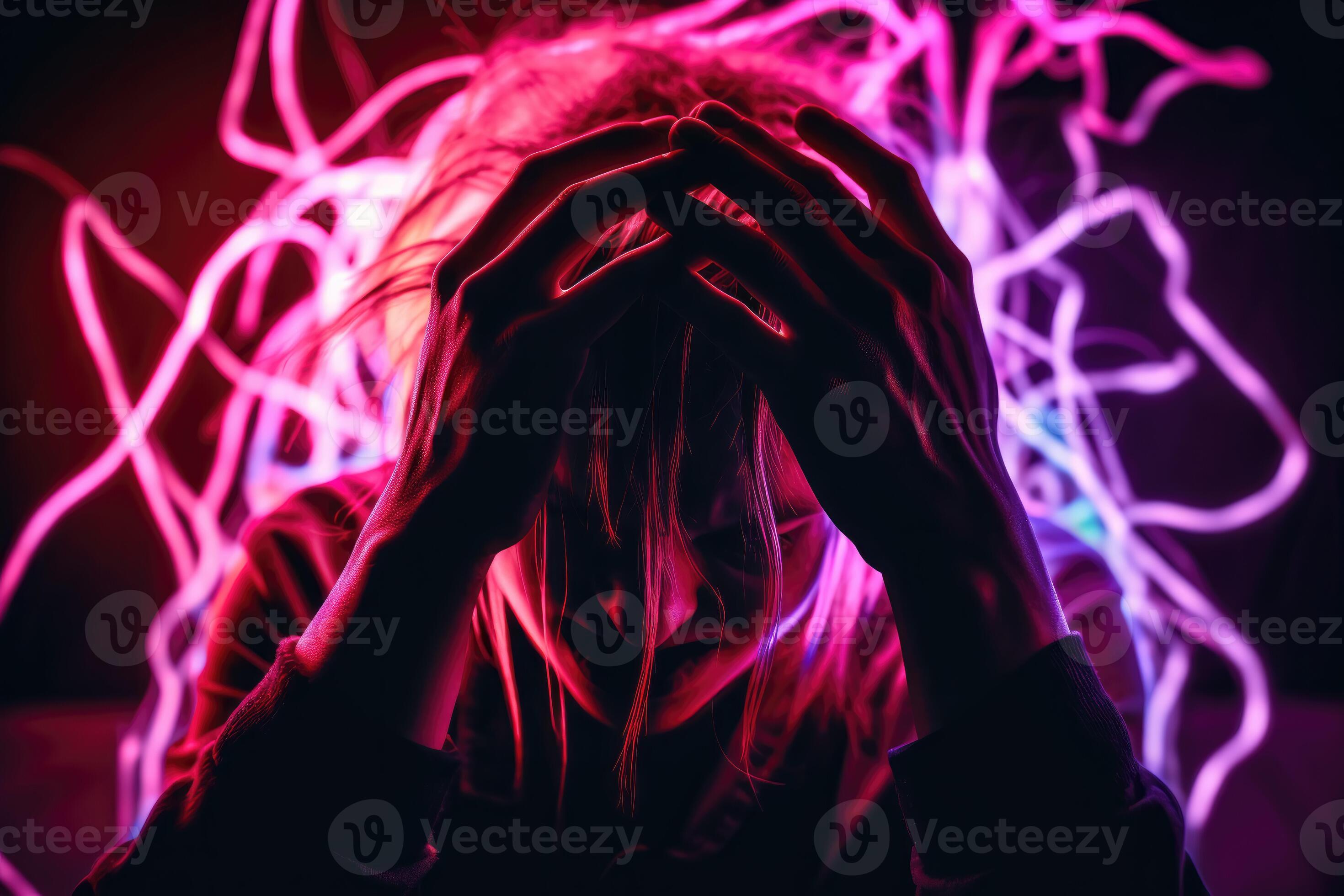 AI Generated Migraine a person holding their head in pain, surrounded