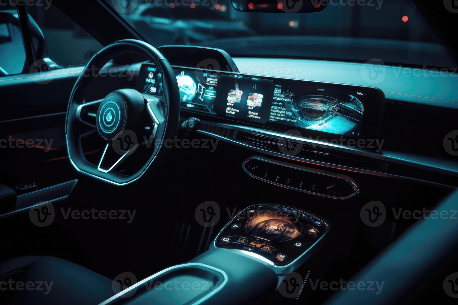 AI Generated Modern smart car technology intelligent system. Navigator on car dashboard. Smart car interior concept with modern touch screens at night time. In the style of cyberpunk, hdr, modern. photo