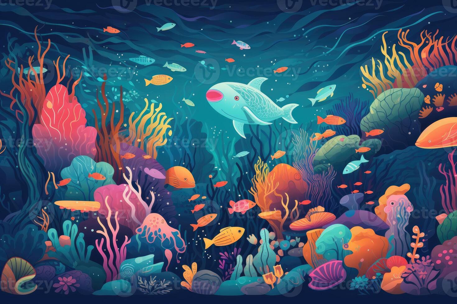 AI Generated Playful and colorful underwater scene with friendly cartoon sea creatures, coral reefs, and sunken treasures. photo