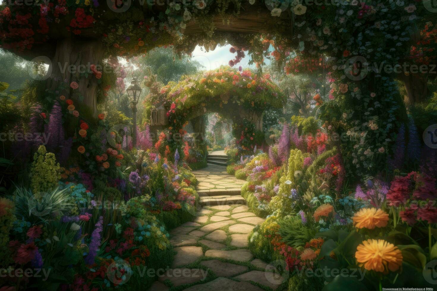 AI Generated Magical garden in full bloom, with vibrant, fantastical flowers and plants growing in every direction. photo