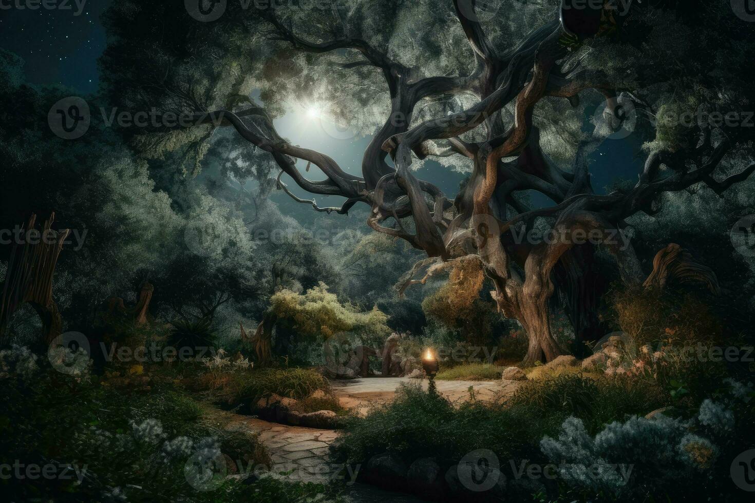 AI Generated Mysterious garden at night with a full moon shining bright overhead, featuring a towering tree with gnarled roots and branches stretching towards the sky. photo