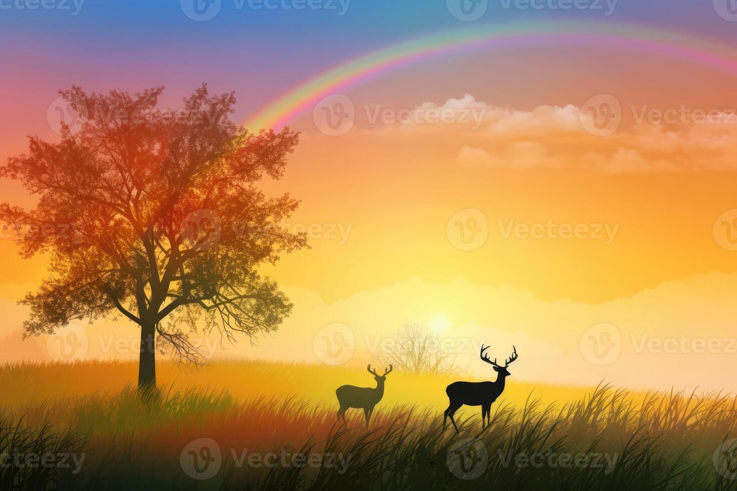 Peaceful meadow at midday, featuring a deer grazing in the tall grass and a vibrant rainbow arching across the sky. photo