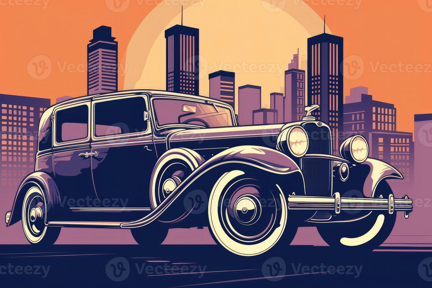 AI Generated Retro car clipart with city background. illustration cartoon. photo