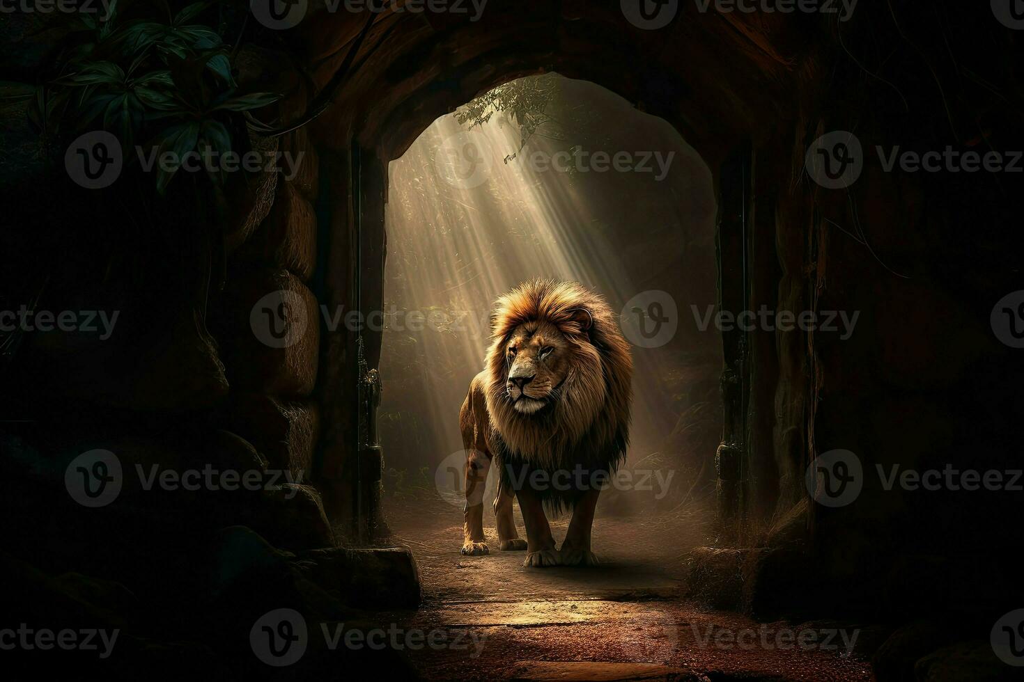 AI Generated Majestic lion in a king's robe steps through a portal into a magical kingdom. photo
