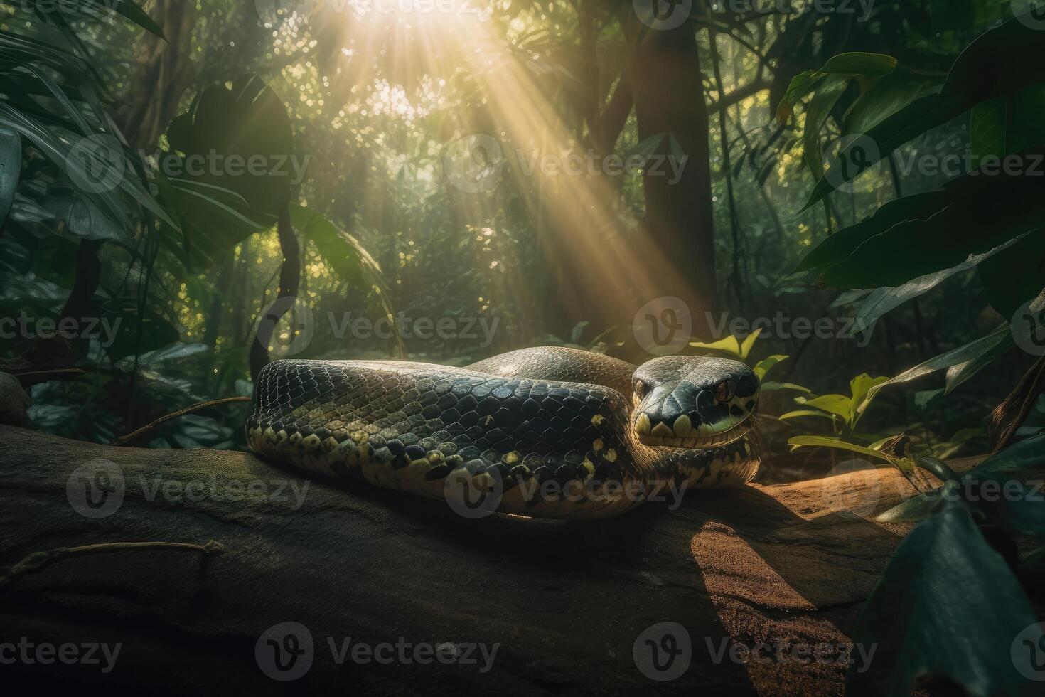 Slithering green anaconda winding its way through a dense jungle with shafts of sunlight piercing through the canopy. photo