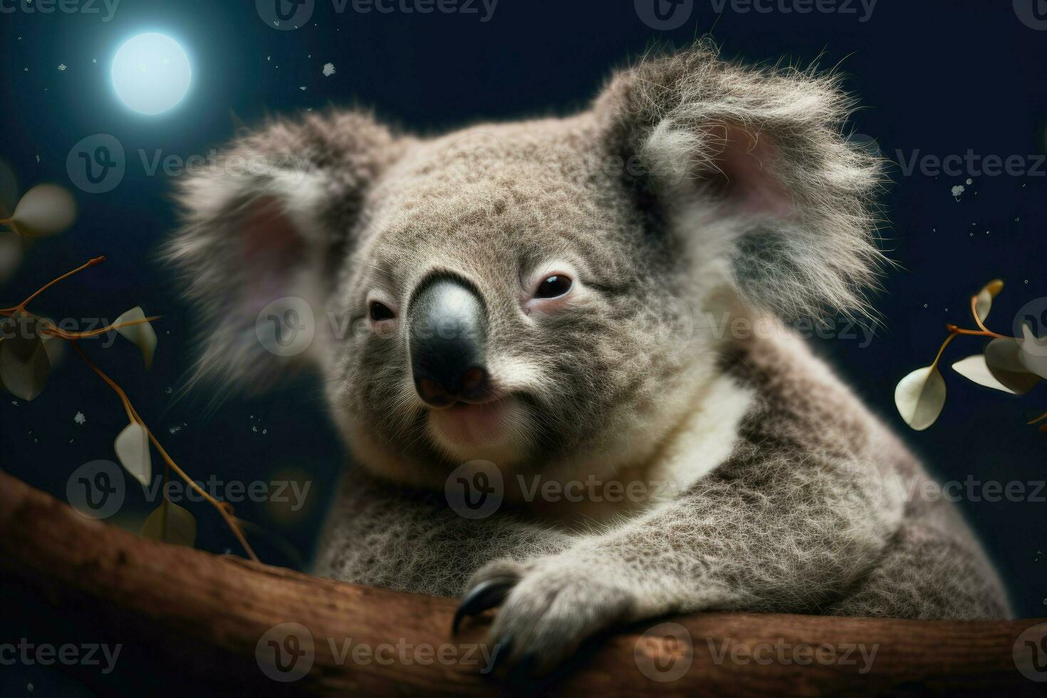 AI Generated Sleepy little koala nestled in a eucalyptus tree, with a starry night sky and a bright full moon in the background. photo