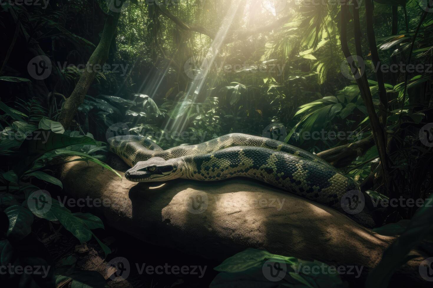 Slithering green anaconda winding its way through a dense jungle with shafts of sunlight piercing through the canopy. photo