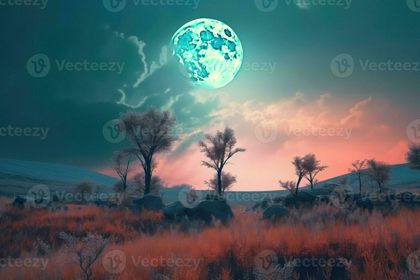 AI Generated Moon hung low in the sky, casting an ethereal glow over the landscape. photo