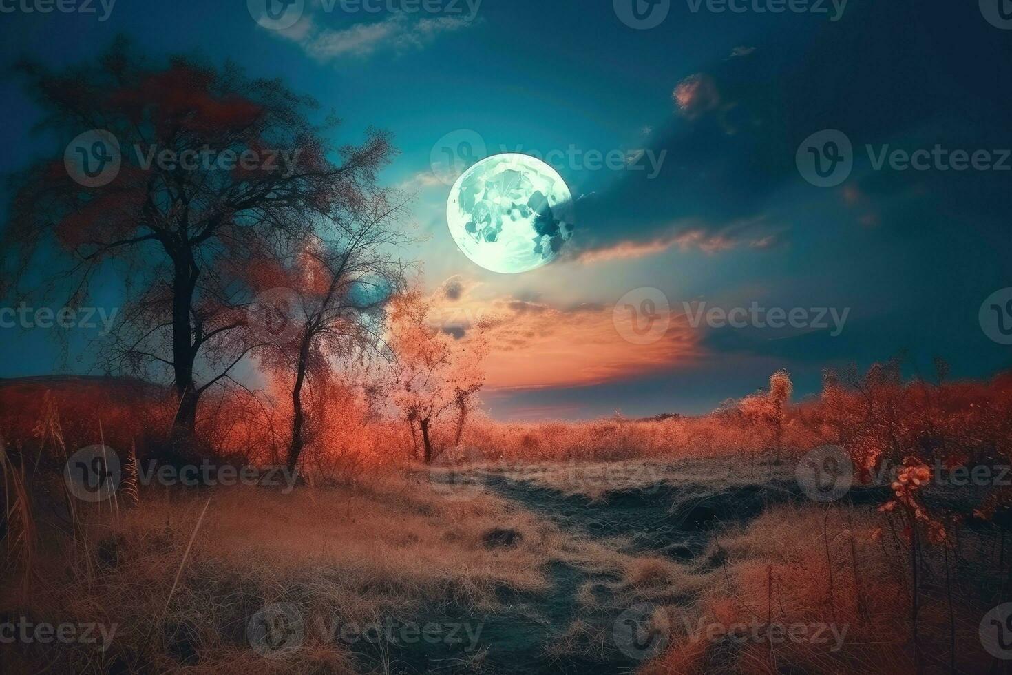 AI Generated Moon hung low in the sky, casting an ethereal glow over the landscape. photo