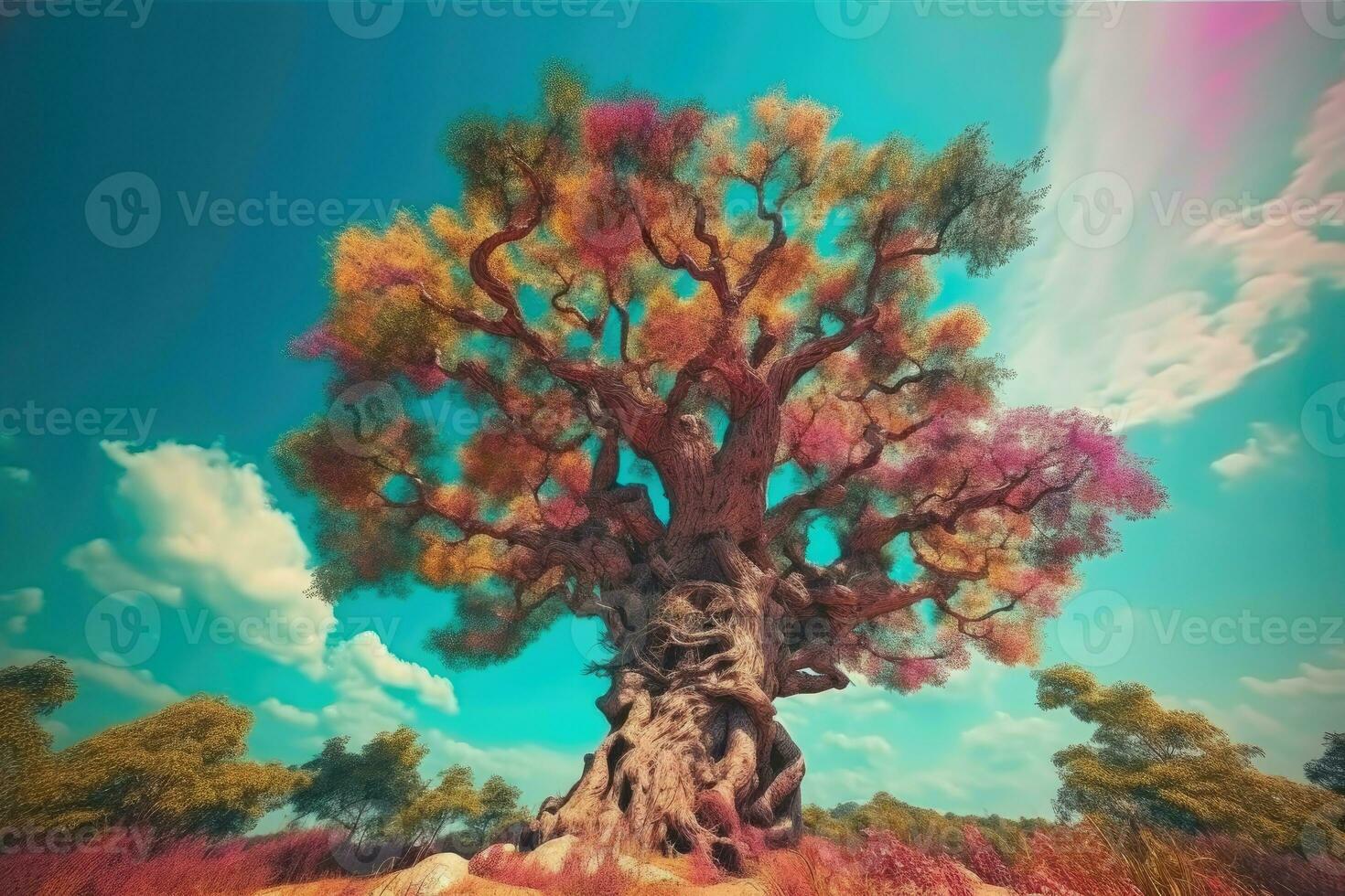 AI Generated Massive living tree towered over the surrounding landscape, its branches reaching towards the sky as if to touch the heavens. photo