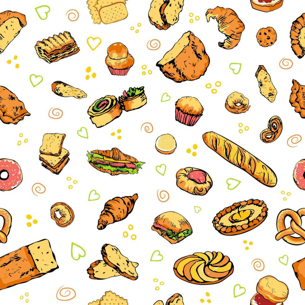 Colored hand drawn bread and bakery pattern vector