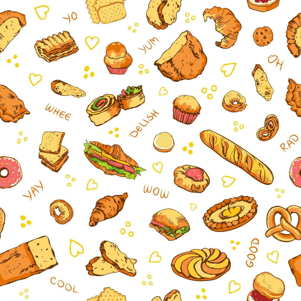 Hand drawn bakery pattern and expressive words vector