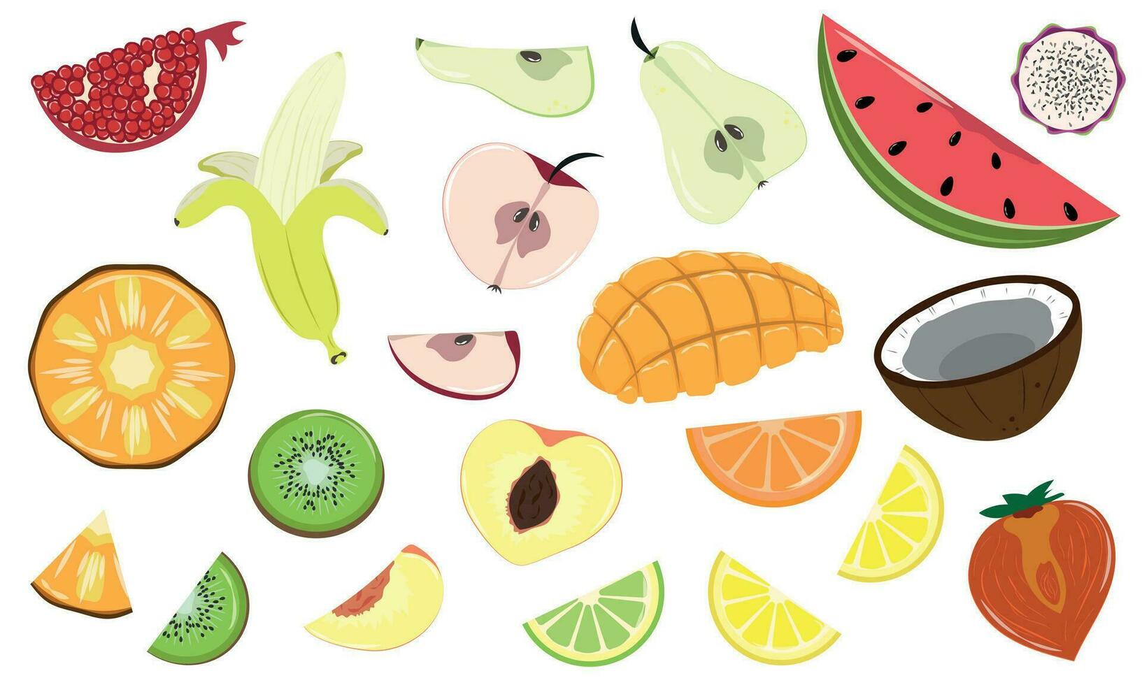 rebanadas y mitades de diferente frutas vector