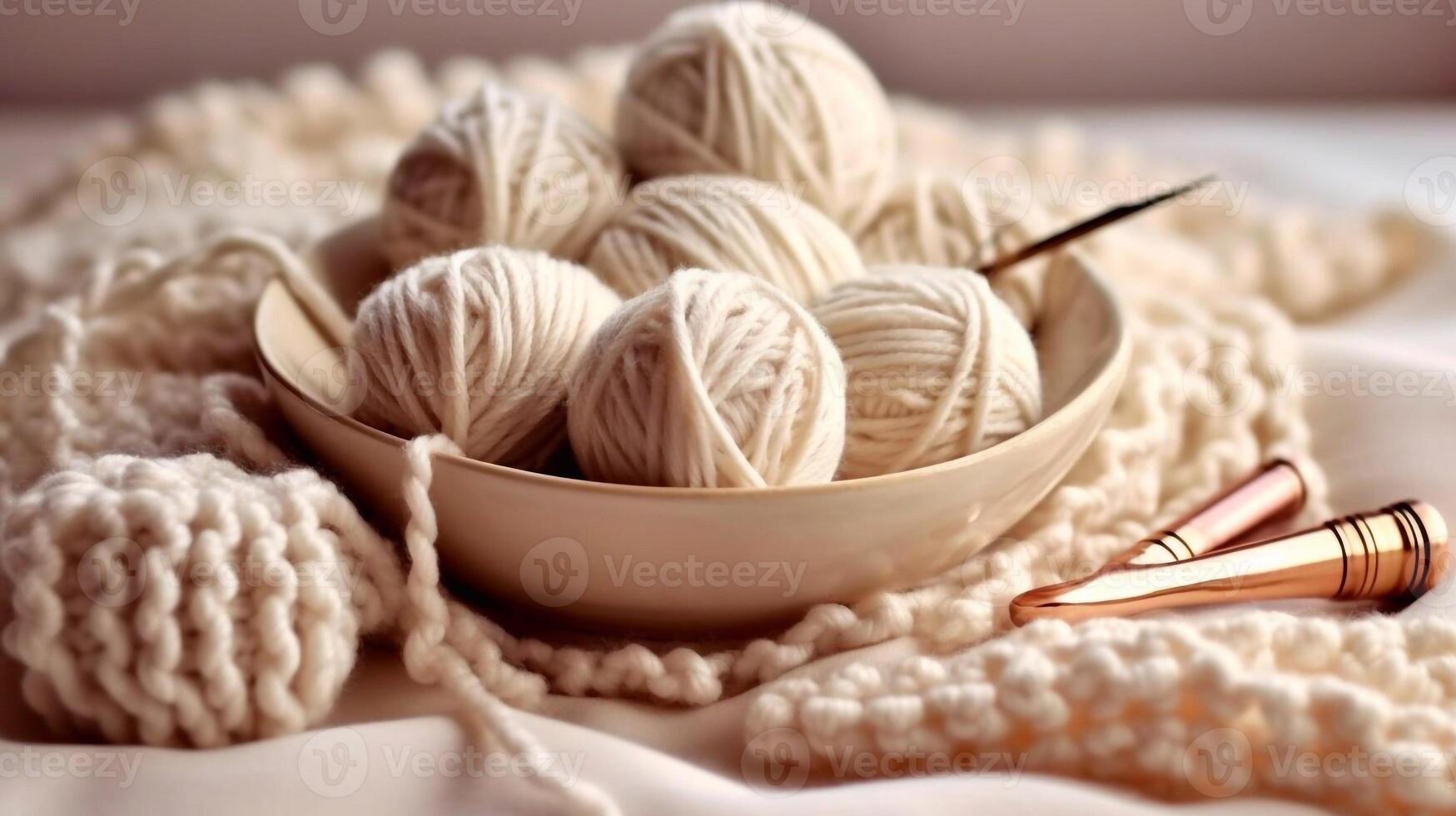 knitting for a newborn, crochet. booties, top view on a soft beige background, tenderness, knitting needles, wool, lace ribbon and feathers, photo