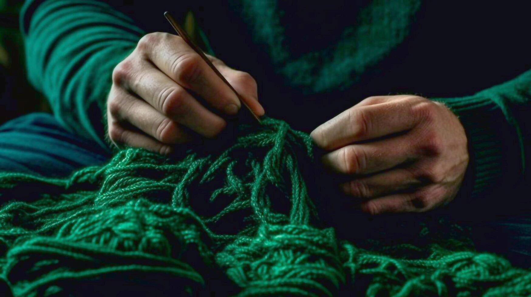 men's knitting by hands, on a dark green background, tenderness, thick thread, in a modern style. photo